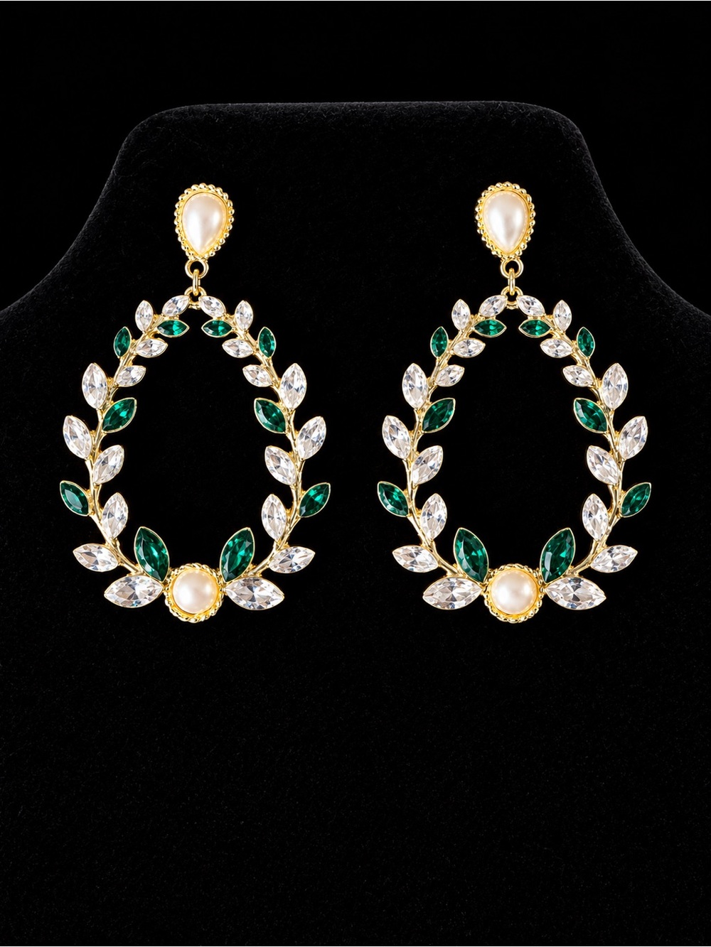 Elegant Gold, Pearl, Clear Crystal and Emerald Leaf Drop Earrings